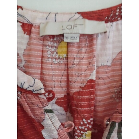 LOFT poppy print boho peasant blouse XS no collar gauzy short sl. work or play - Picture 2 of 10